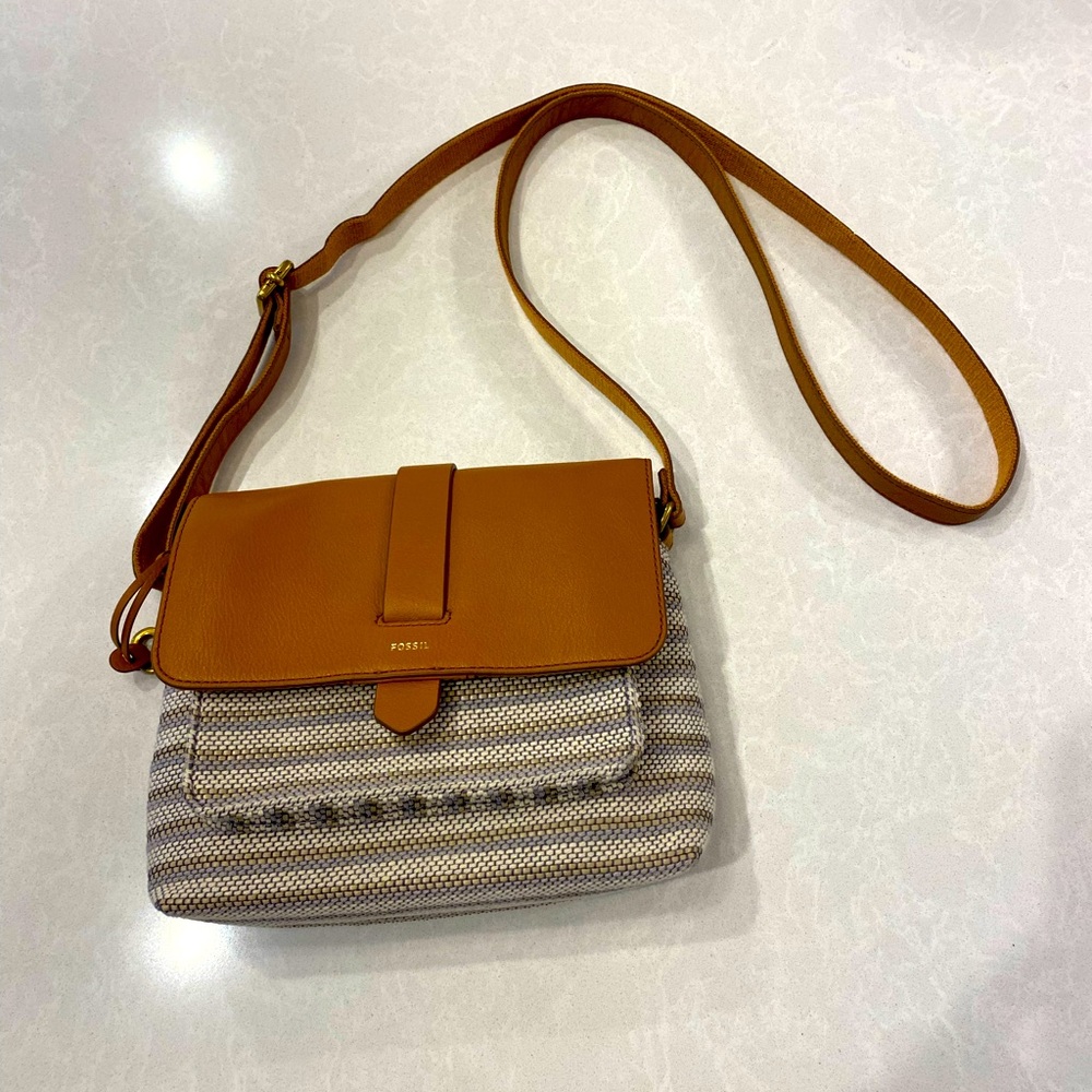 Fossil Crossbody Leather Woven Purse Tan